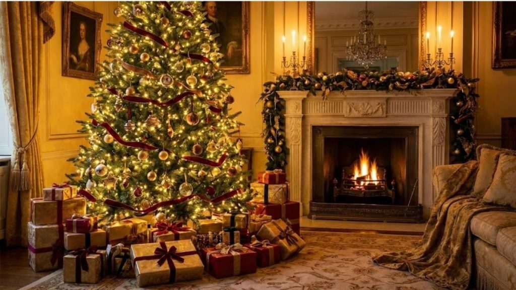 Hình ảnh cây thông Noel lớn, trang trí hoàn hảo với đèn vàng và hộp quà Giáng Sinh.