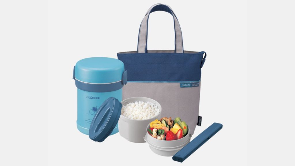 Hộp cơm bento giữ nhiệt, có túi xách, thể hiện công nghệ giữ nóng.