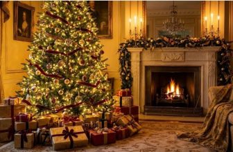 Hình ảnh cây thông Noel lớn, trang trí hoàn hảo với đèn vàng và hộp quà Giáng Sinh.