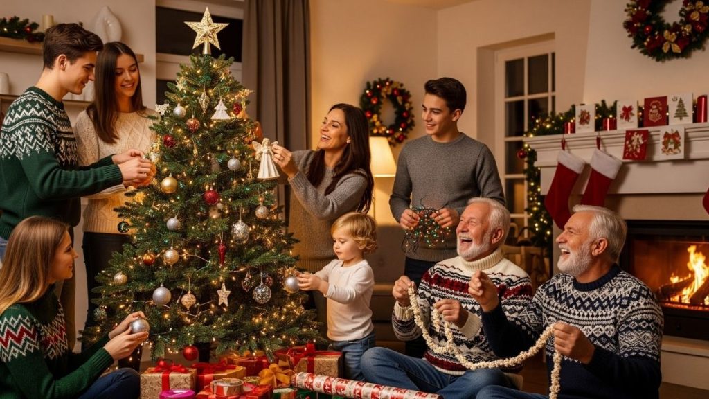 Gia đình nhiều thế hệ đang trang trí cây thông Noel, thể hiện truyền thống gắn kết.