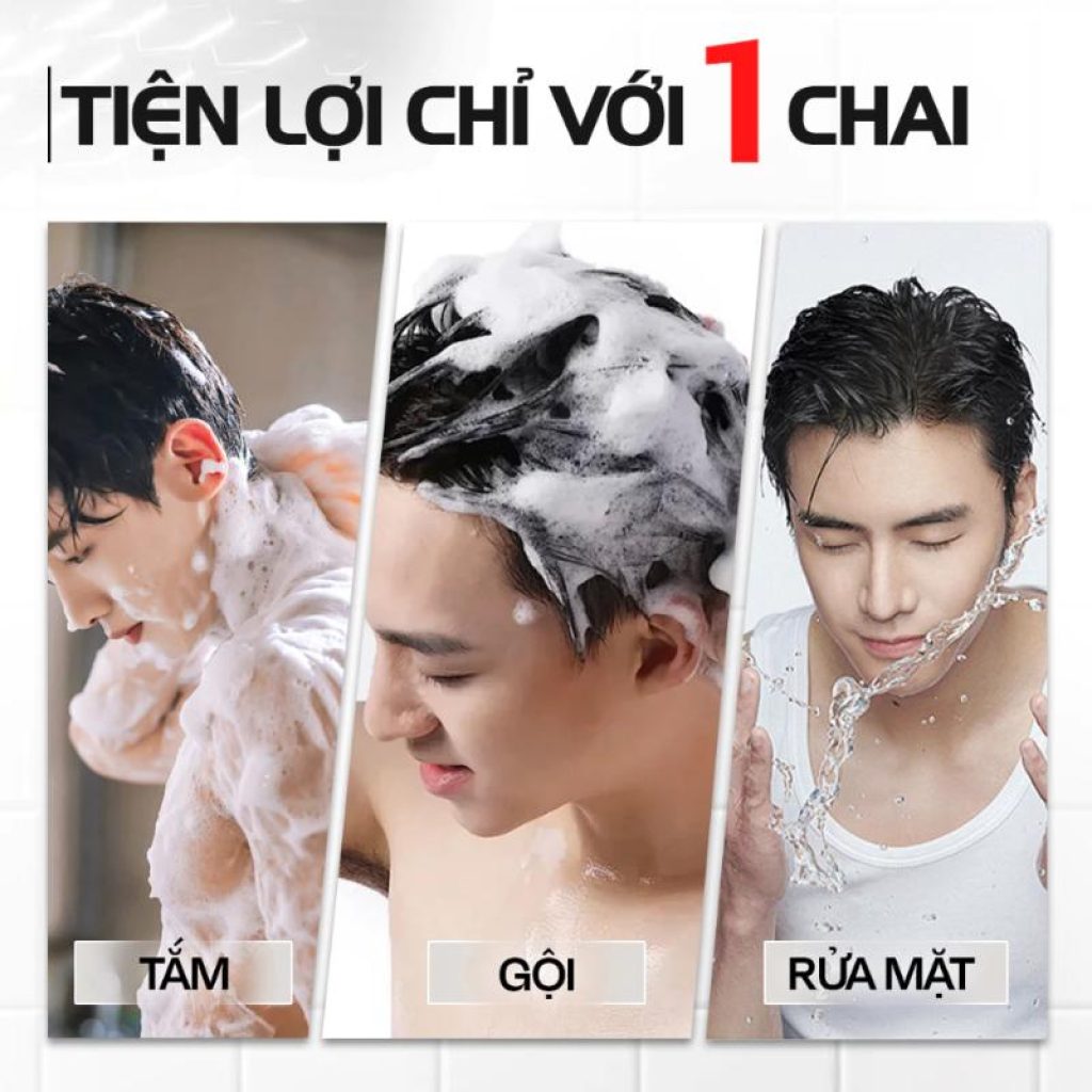 Hình ảnh nam giới sử dụng sữa tắm gội 3in1 RHYS MAN để tắm, gội đầu và rửa mặt, thể hiện sự tiện lợi chỉ với một sản phẩm.