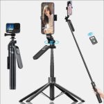 Tổng quan gậy chụp ảnh selfie 4 chân A14 kèm remote và khả năng xoay 360 độ.