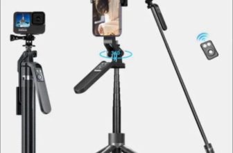 Tổng quan gậy chụp ảnh selfie 4 chân A14 kèm remote và khả năng xoay 360 độ.